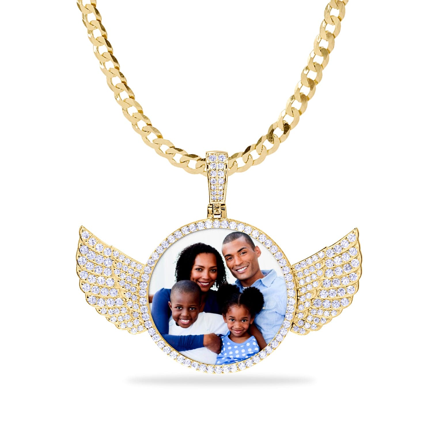 14k Gold over Sterling Silver / Cuban Chain Iced Out Round Photo Pendant with Wings