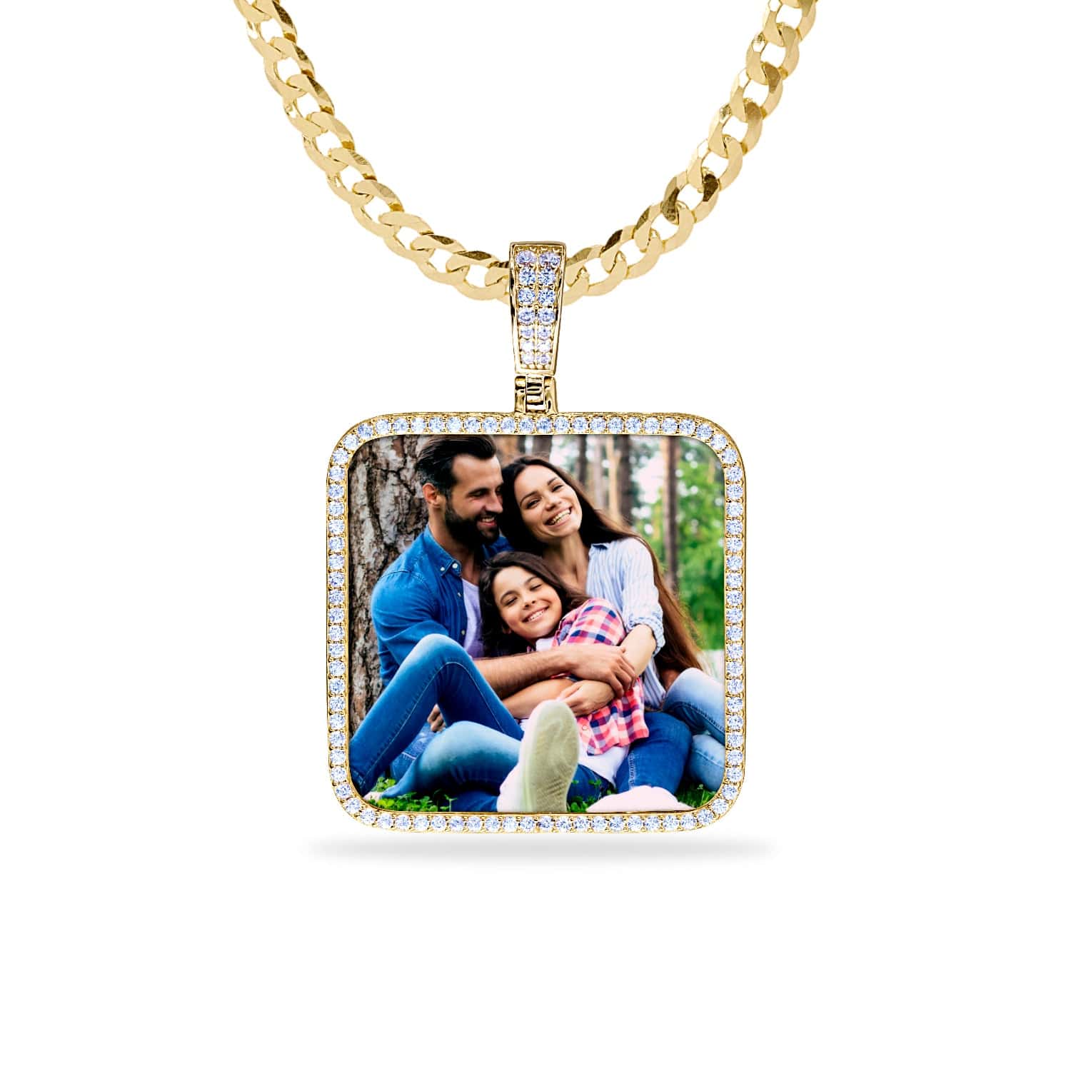 14k Gold over Sterling Silver / Cuban Chain Iced Out Square Photo Pendant