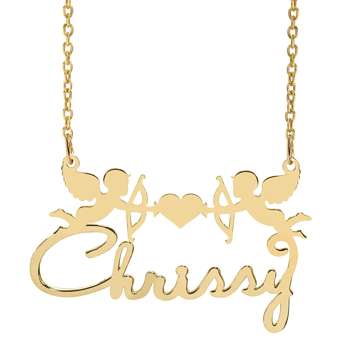 14k Gold over Sterling Silver / Link Chain Personalized Cupid Name Necklace