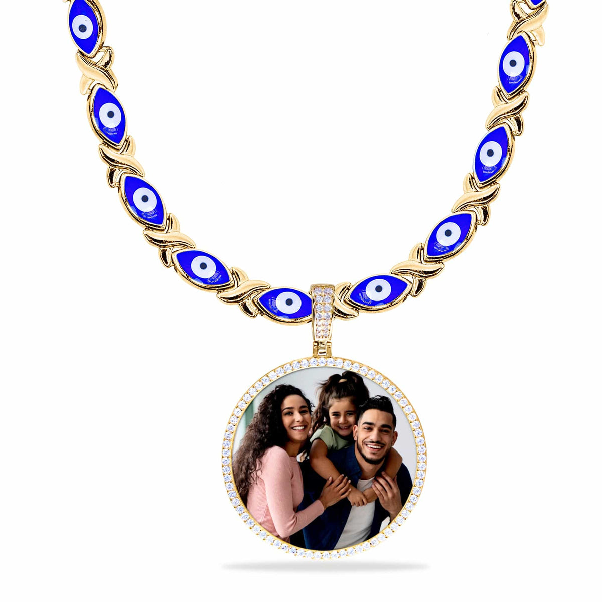 Evil Eye Xo Chain Iced Out Round Photo Pendant