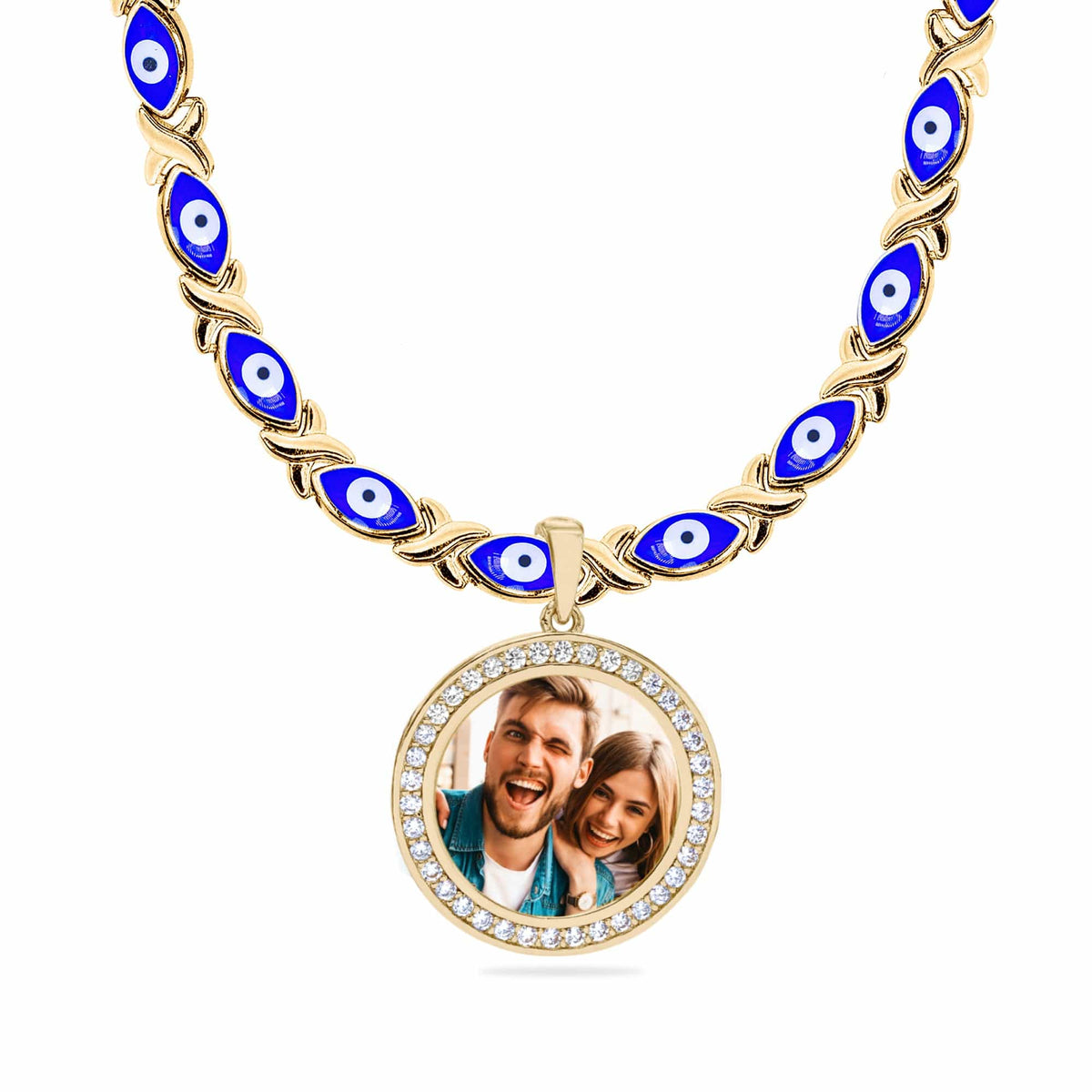 Evil Eye Xo Chain Iced Out Round Photo Pendant
