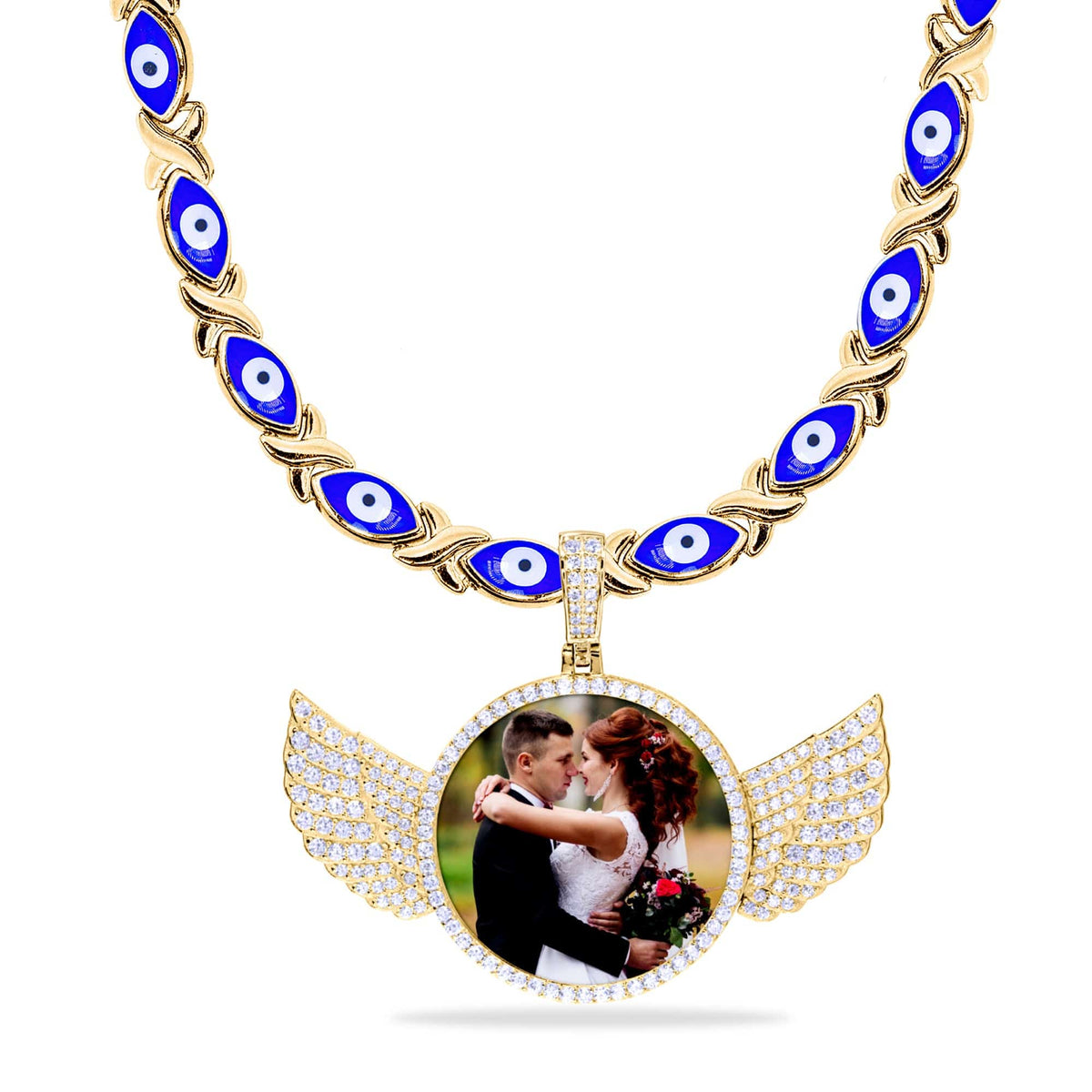 Evil Eye Xo Chain Iced Out Round Photo Pendant with Wings