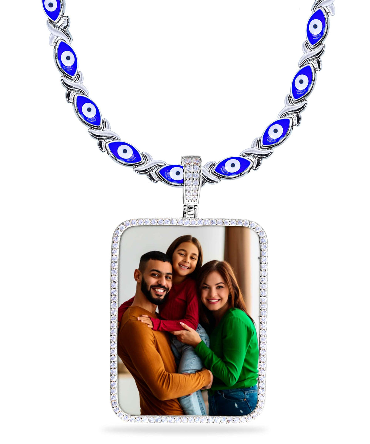 Evil Eye Xo Chain Iced Out Rectangle Photo Pendant