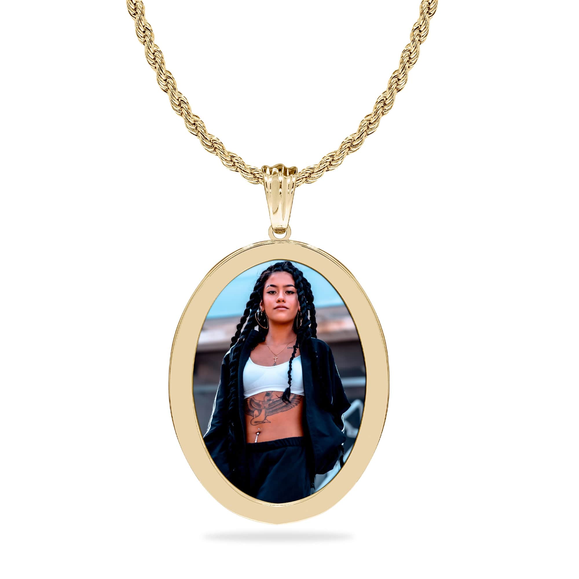 Gold Tone Stainless Steel / Rope Chain High Polished Oval Photo Pendant
