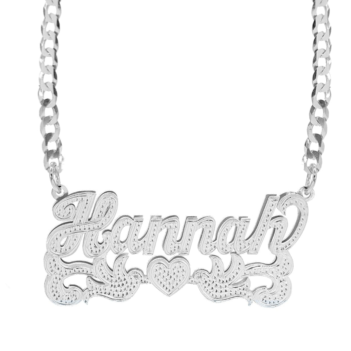 Sterling Silver / Cuban Chain Double Nameplate Necklace w/ Love Birds &quot;Hannah&quot;