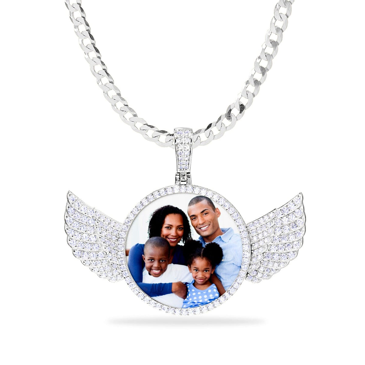 Sterling Silver / Cuban Chain Iced Out Round Photo Pendant with Wings