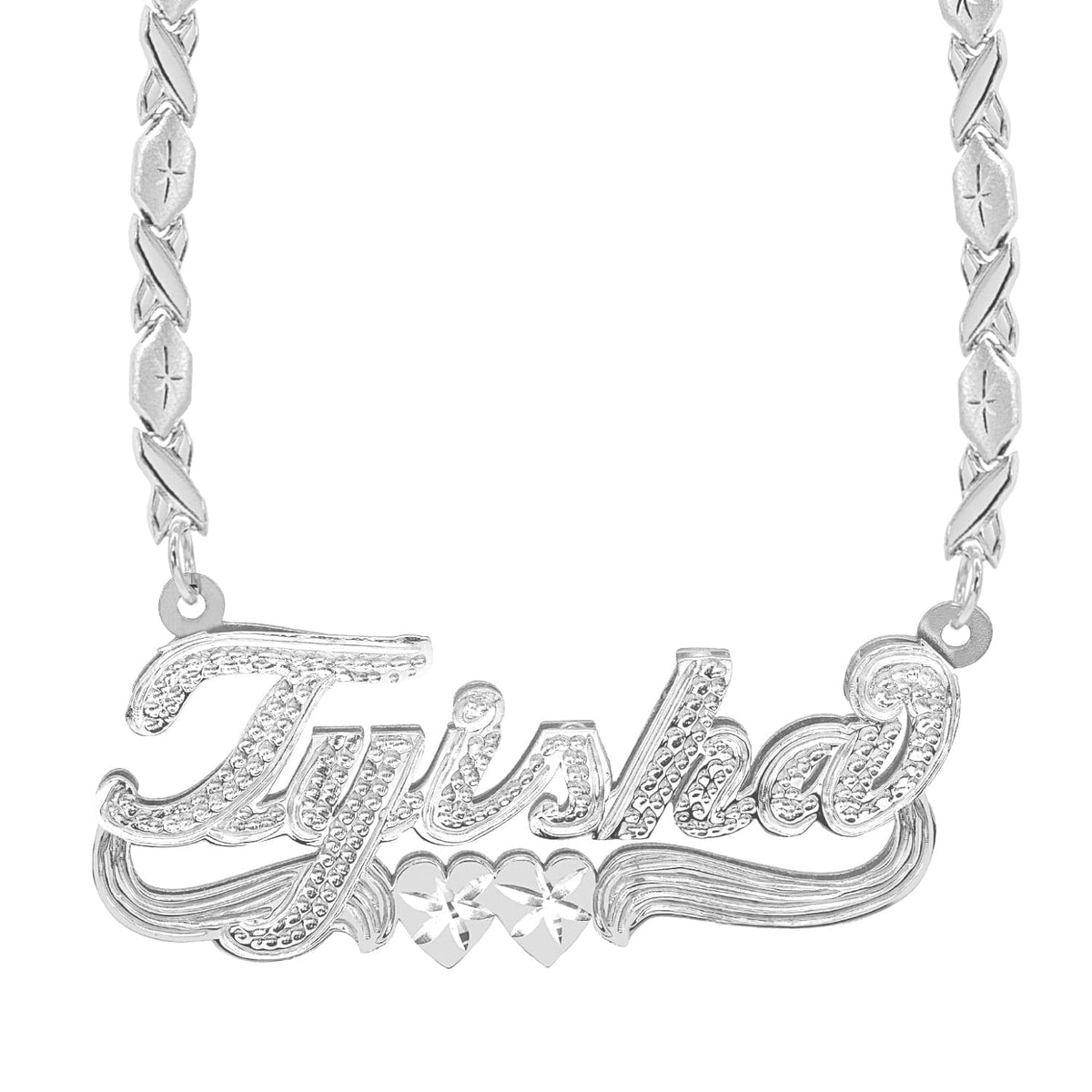 Sterling Silver / Xoxo Chain Custom  Double Script Name Plate With Beading &quot;Tyisha&quot;