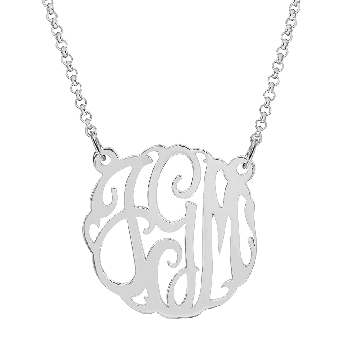 0.875&quot; Monogram Pendant / Sterling Silver / Rollo Chain Script Initials Monogram Necklace