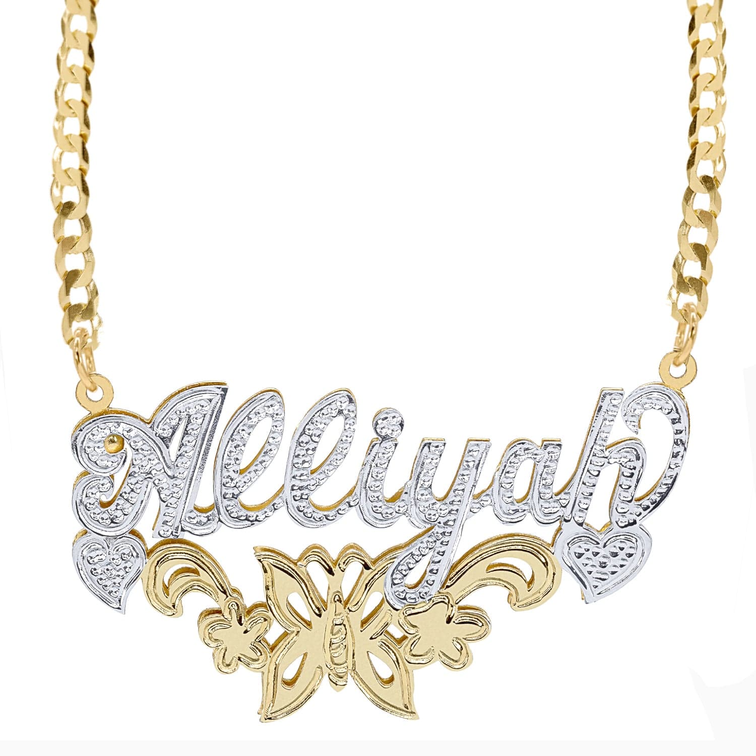 14K Gold over Sterling Silver / Cuban Chain Copy of Fancy Double Plated Name Necklace "Alexandra"