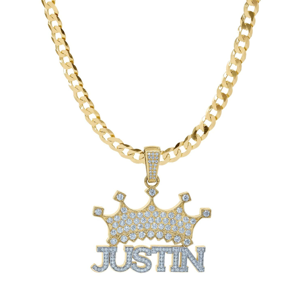 14k Gold over Sterling Silver / Cuban Chain Copy of Personalized Double Nameplate Necklace with Crown &quot;Justin&quot;