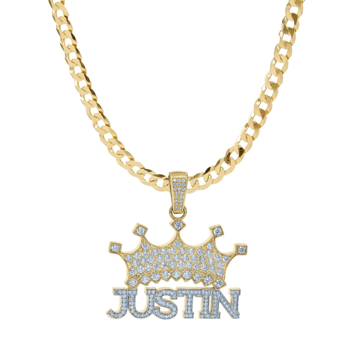 14k Gold over Sterling Silver / Cuban Chain Copy of Personalized Double Nameplate Necklace with Crown "Justin"