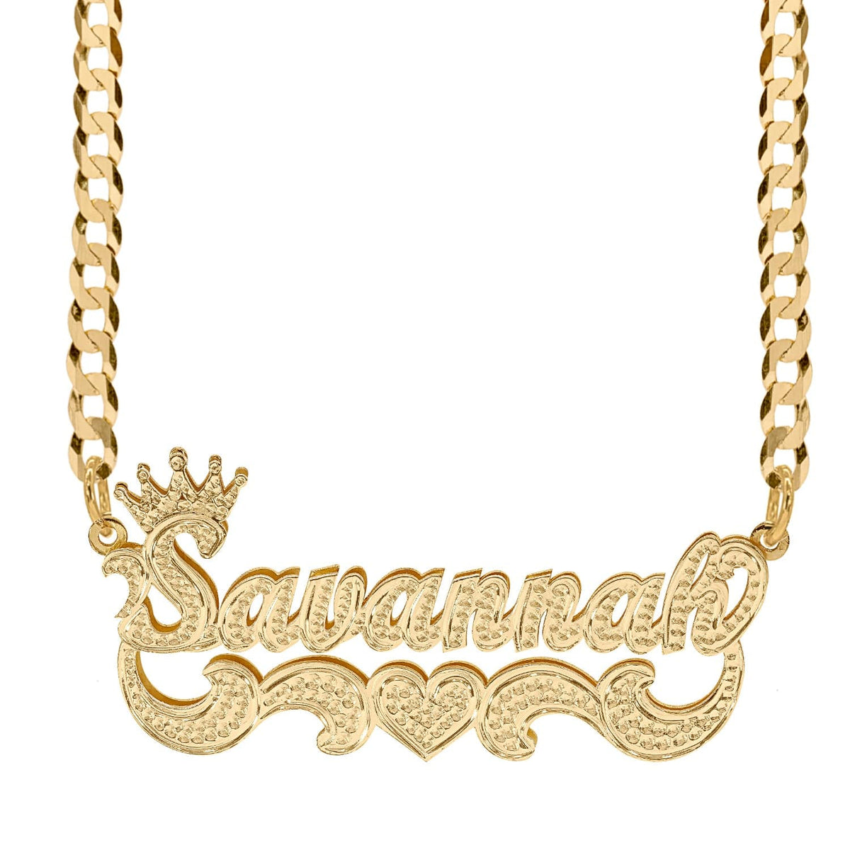 14k Gold over Sterling Silver / Cuban Chain Crown Double Plated Name Necklace &quot;Savannah&quot; with Cuban Chain
