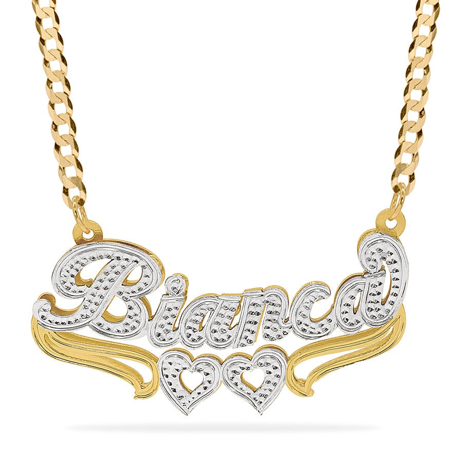 14K Gold over Sterling Silver / Cuban Chain Double Plated Nameplate Necklace &quot;Bianca&quot; With Cuban Chain