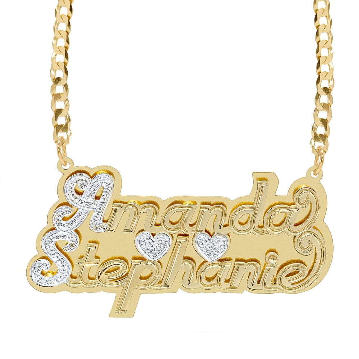 14k Gold over Sterling Silver / Cuban Chain Double Plated Nameplate Necklace &quot;Couples&quot; with Cuban Chain