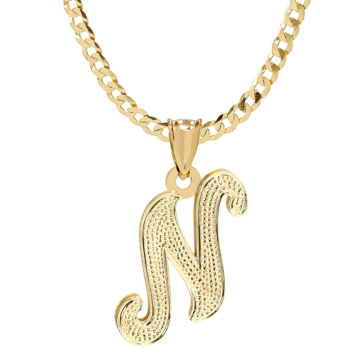 14K Gold over Sterling Silver / Cuban Chain Initial Necklace - Double Plated with Beaded Finish with Cuban chain