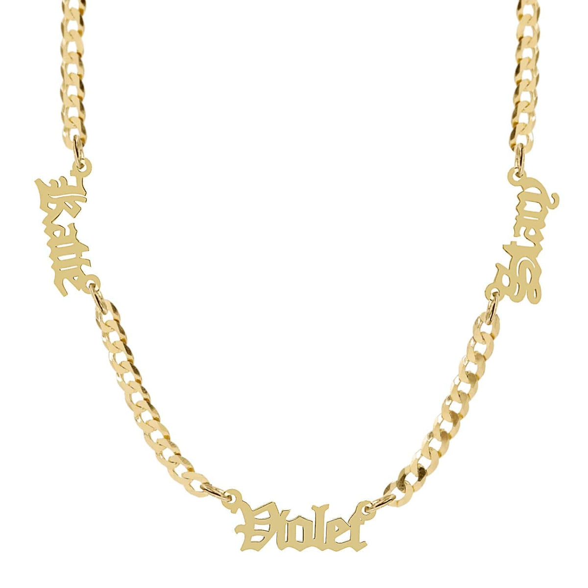 14k Gold over Sterling Silver / Cuban Chain Personalized Nameplate Necklace w/ Three Gothic Names on Cuban Chain