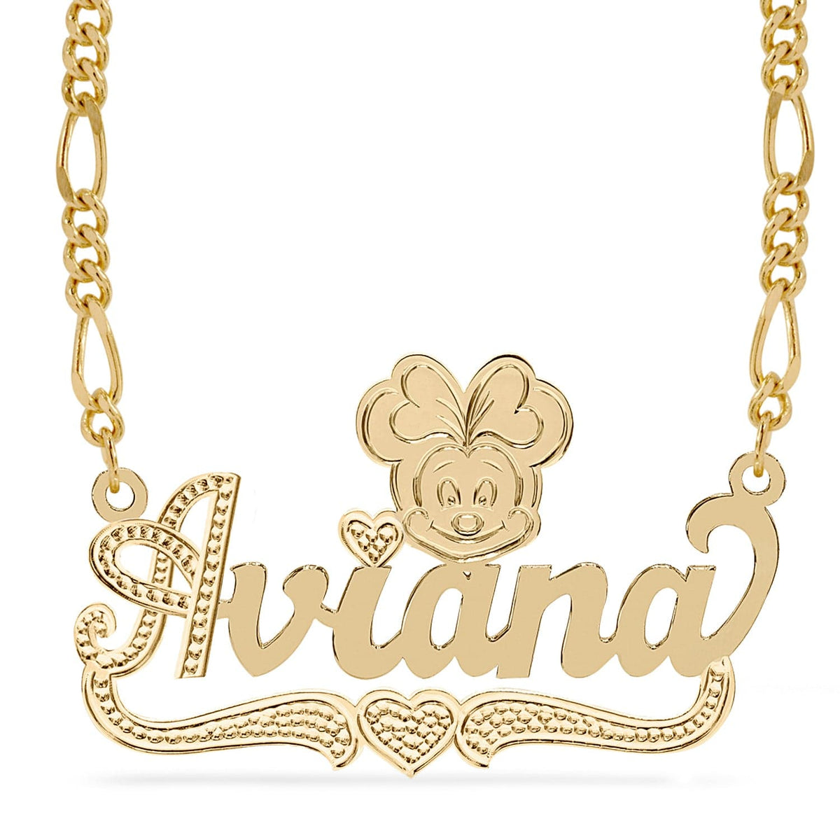 14k Gold over Sterling Silver / Figaro Chain Cartoon Nameplate Necklace &quot;Aviana&quot;