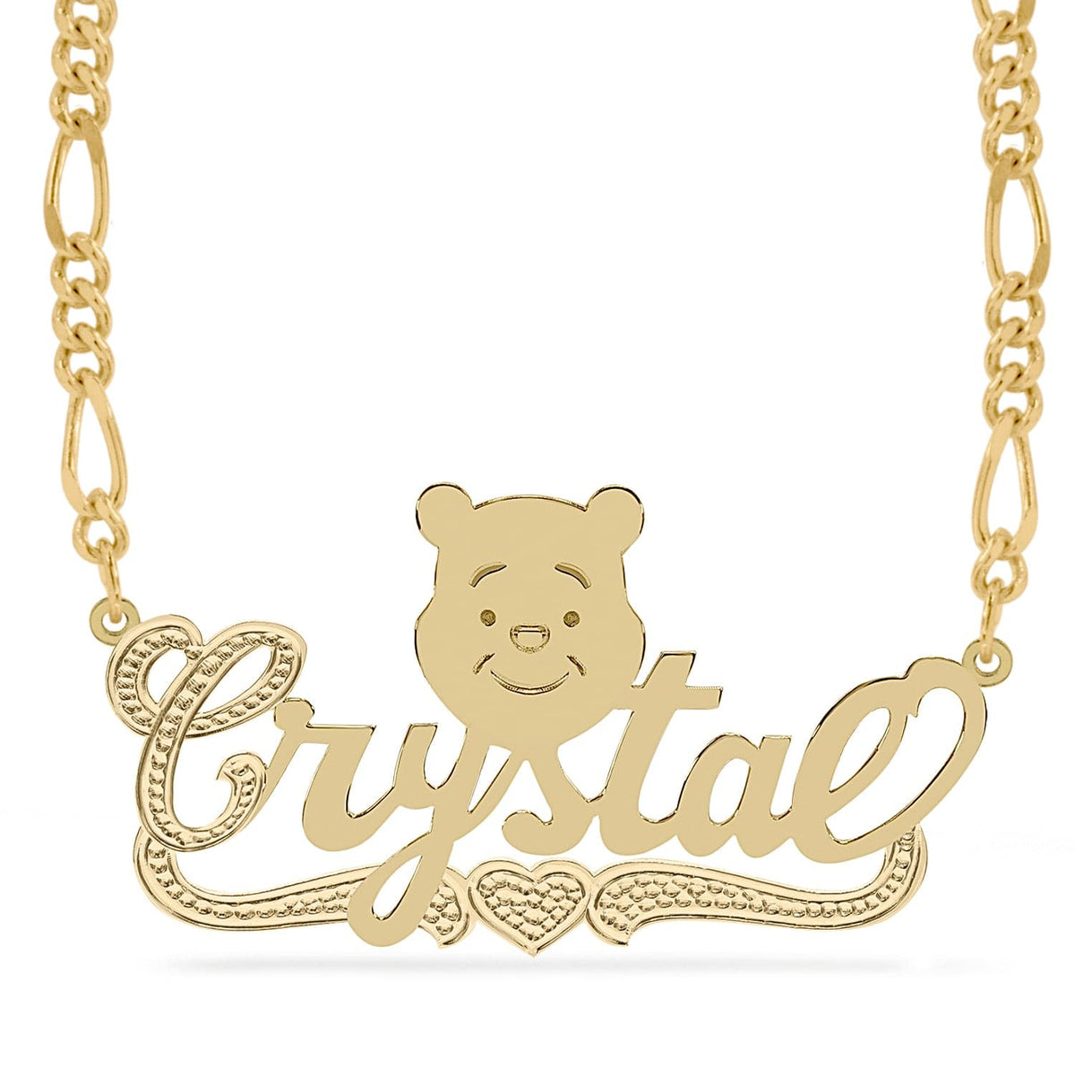 14k Gold over Sterling Silver / Figaro Chain Cartoon Nameplate Necklace &quot;Crystal&quot;