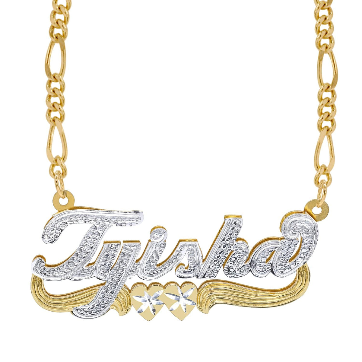 14k Gold over Sterling Silver / Figaro Chain Copy of Double Script Name Plate With Beading