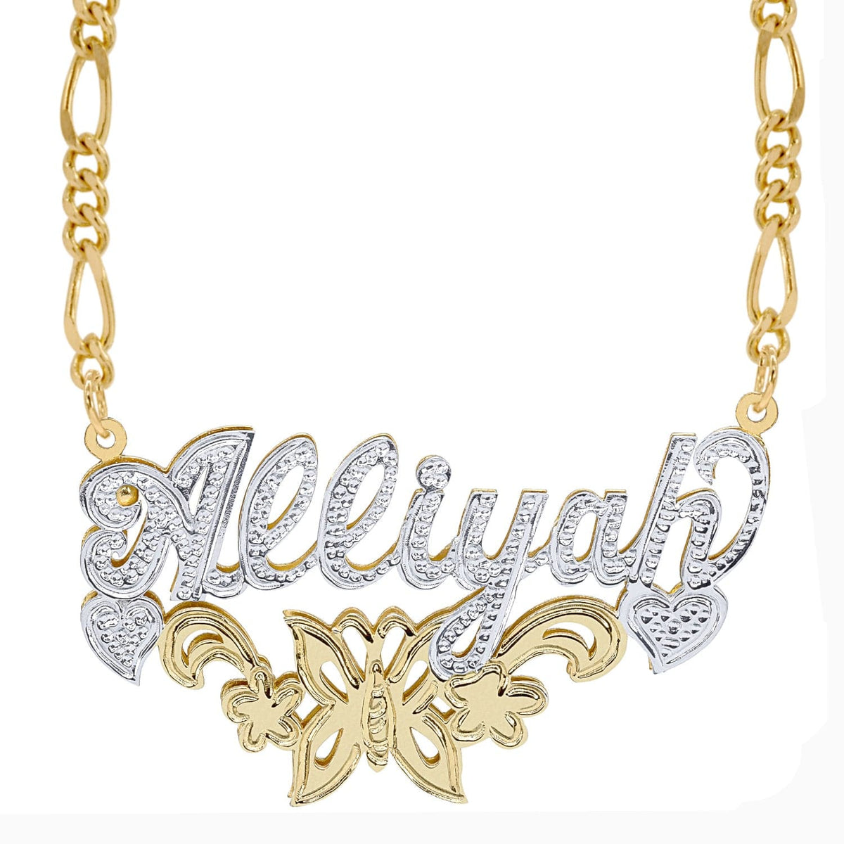 14K Gold over Sterling Silver / Figaro Chain Copy of Fancy Double Plated Name Necklace &quot;Alexandra&quot;