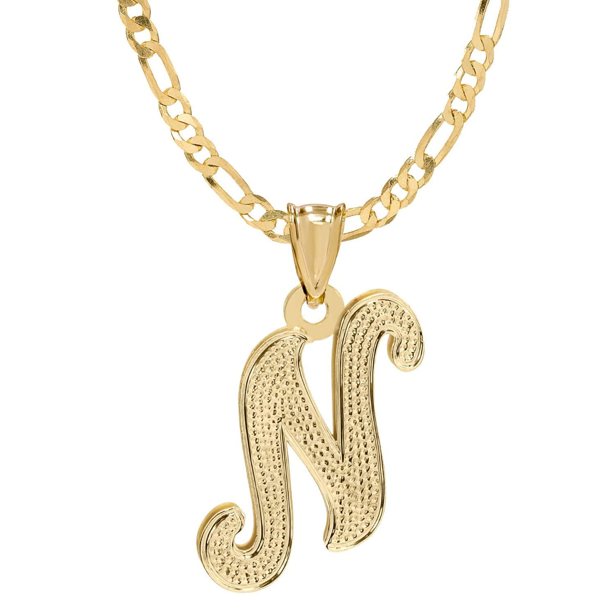 14K Gold over Sterling Silver / Figaro chain Copy of Initial Necklace - Double Plated with Beaded Finish