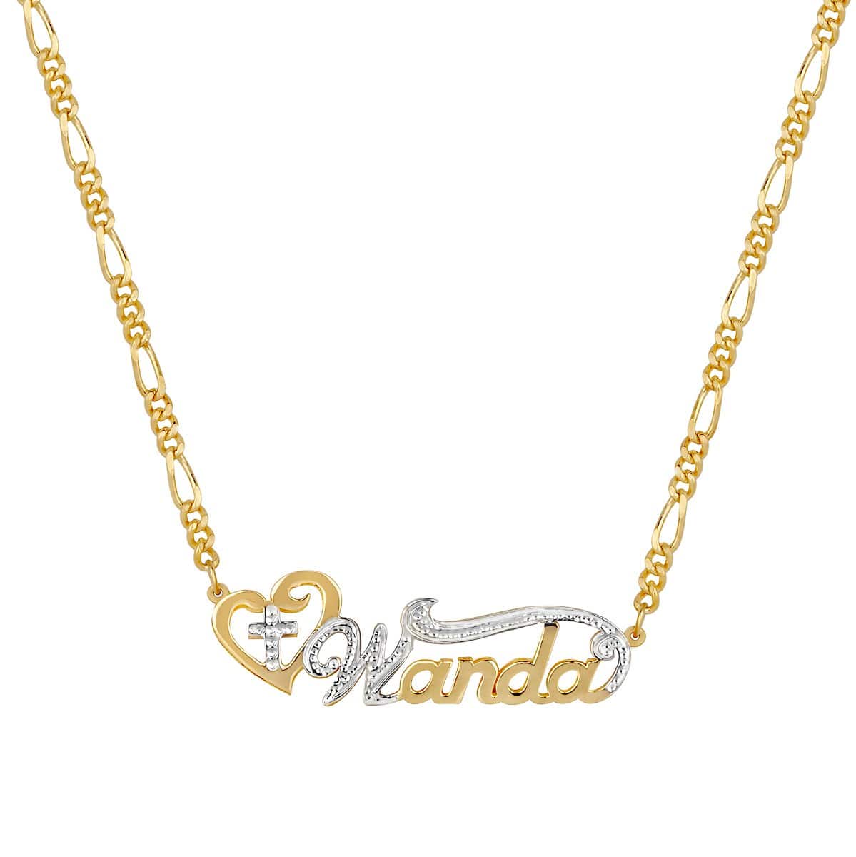 14k Gold over Sterling Silver / Figaro Chain Double Nameplate w/ Rhodium Plated