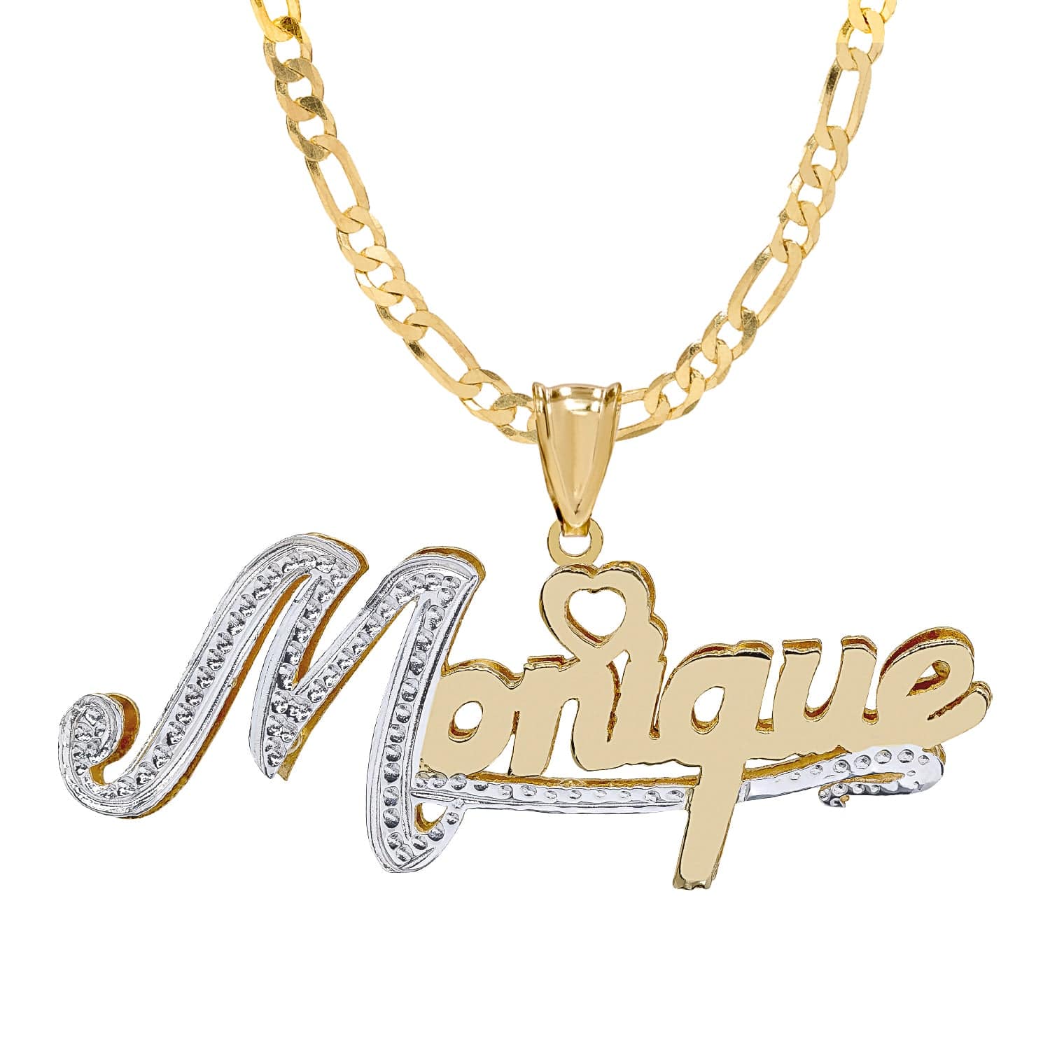 14k Gold over Sterling Silver / Figaro Chain Double Plated Nameplate Necklace with Figaro Chain