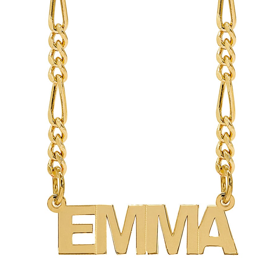 14k Gold over Sterling Silver / Figaro Chain Kids Block Mini Name Necklace. 5mm High