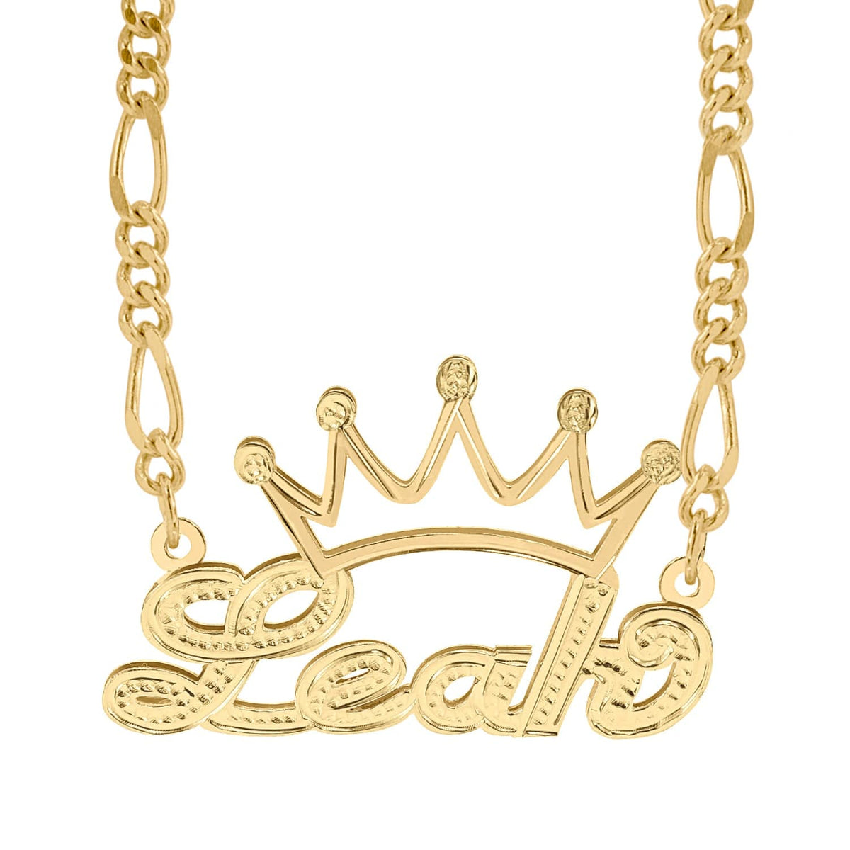 14k Gold over Sterling Silver / Figaro Chain Personalized Double Nameplate Necklace w/ Crown