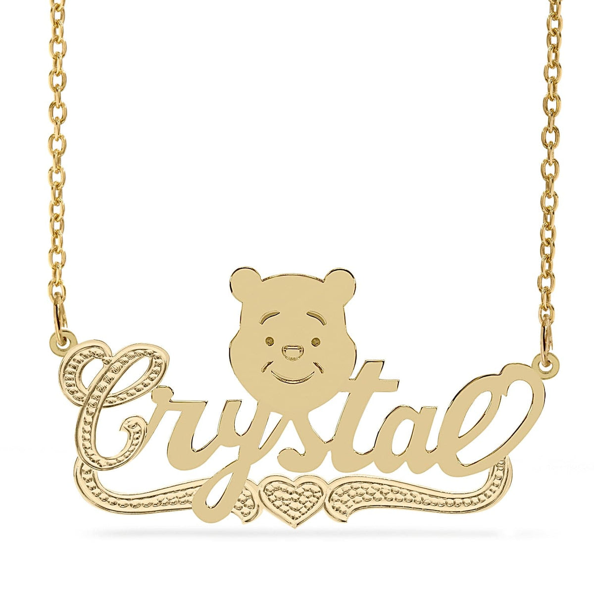 14k Gold over Sterling Silver / Link Chain Cartoon Nameplate Necklace &quot;Crystal&quot;