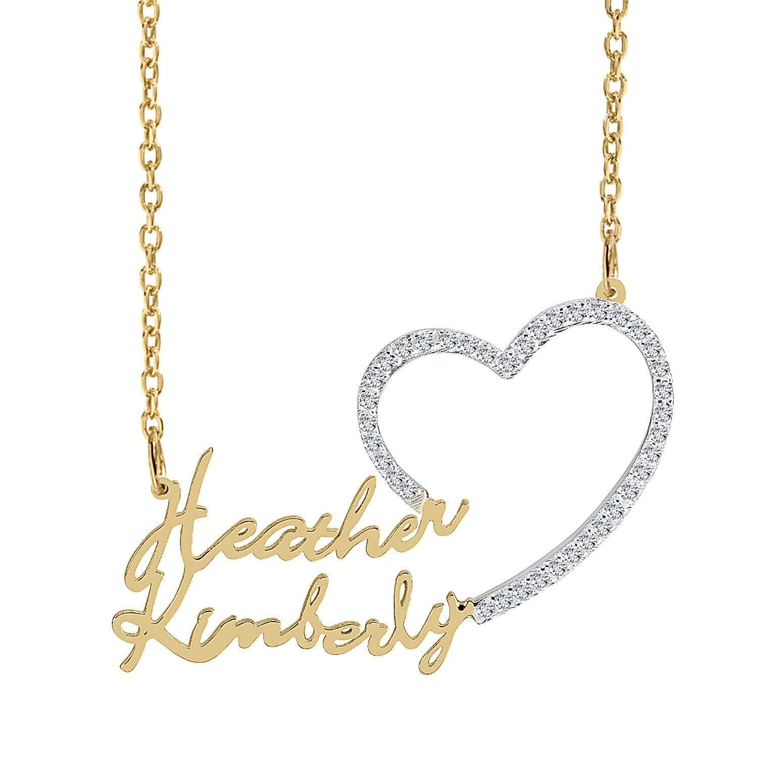 14k Gold over Sterling Silver / Link Chain Copy of Single Plated Nameplate Necklace "Heather" with Stones Heart