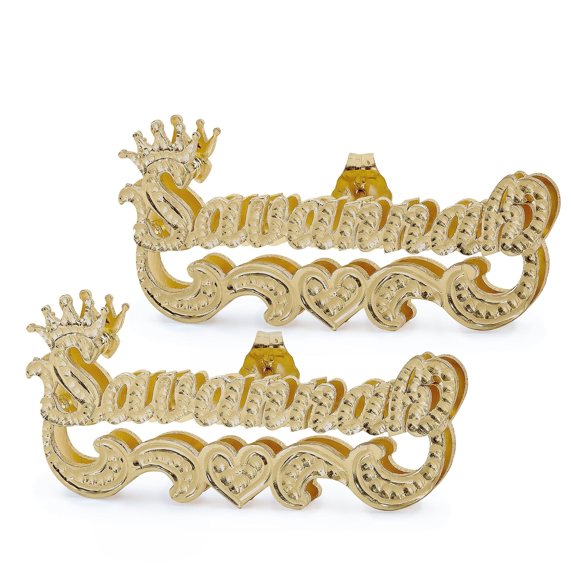 Two-Tone. Sterling Silver Name Stud Earrings with Crown and Beaded Finish
