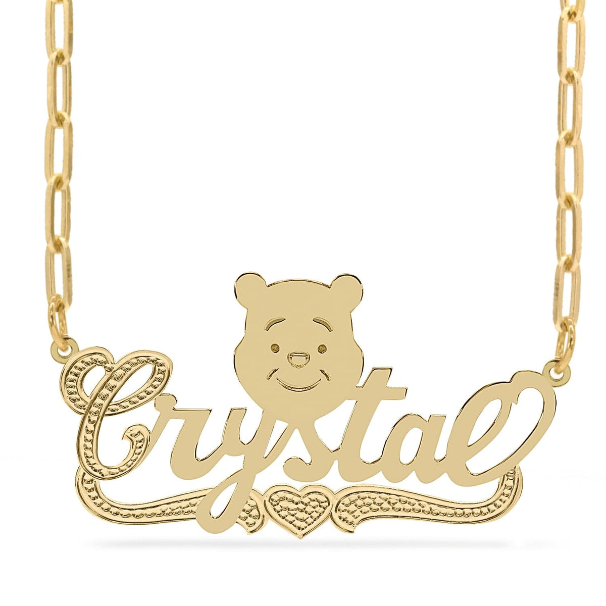 14k Gold over Sterling Silver / Paper Clip Chain Cartoon Nameplate Necklace &quot;Crystal&quot;