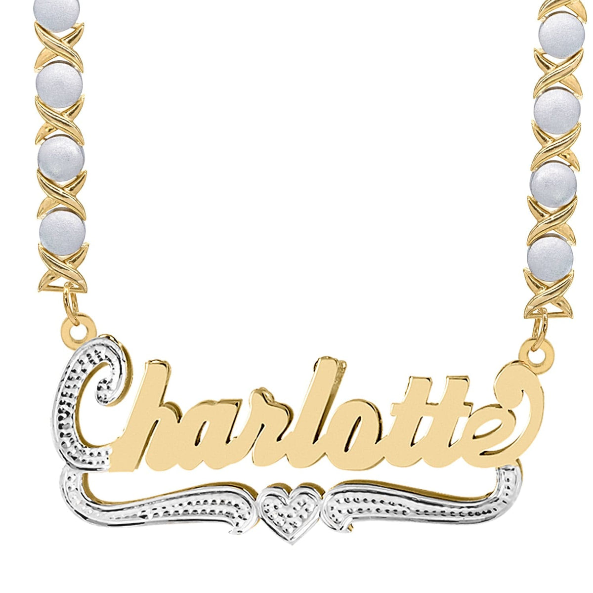 14k Gold over Sterling Silver / Rhodium Xoxo Chain Double Script Name Plate With Beading with Rhodium Xoxo Chain