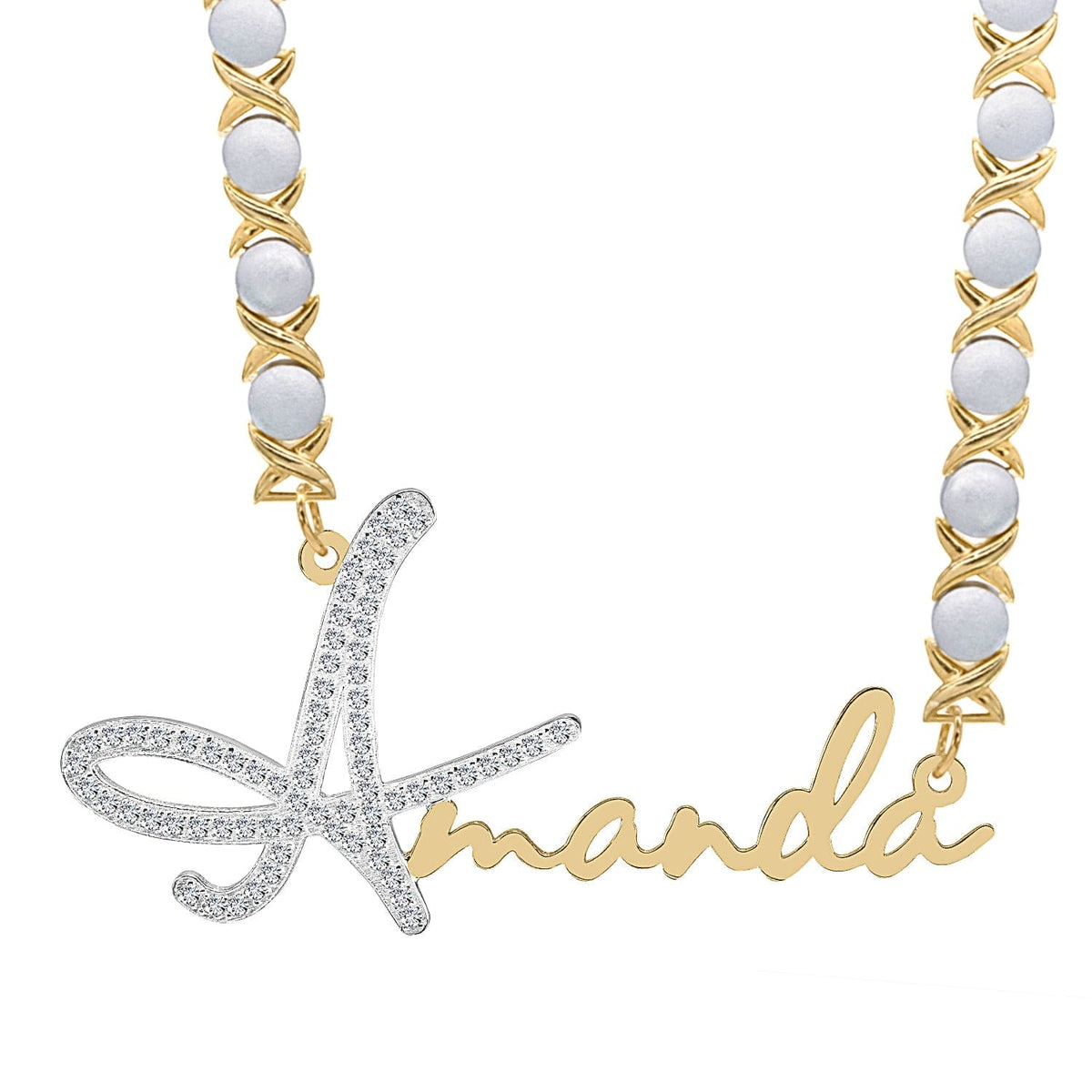 14k Gold over Sterling Silver / Rhodium Xoxo Chain Single Plated Nameplate Necklace &quot;Amanda&quot; with Stones