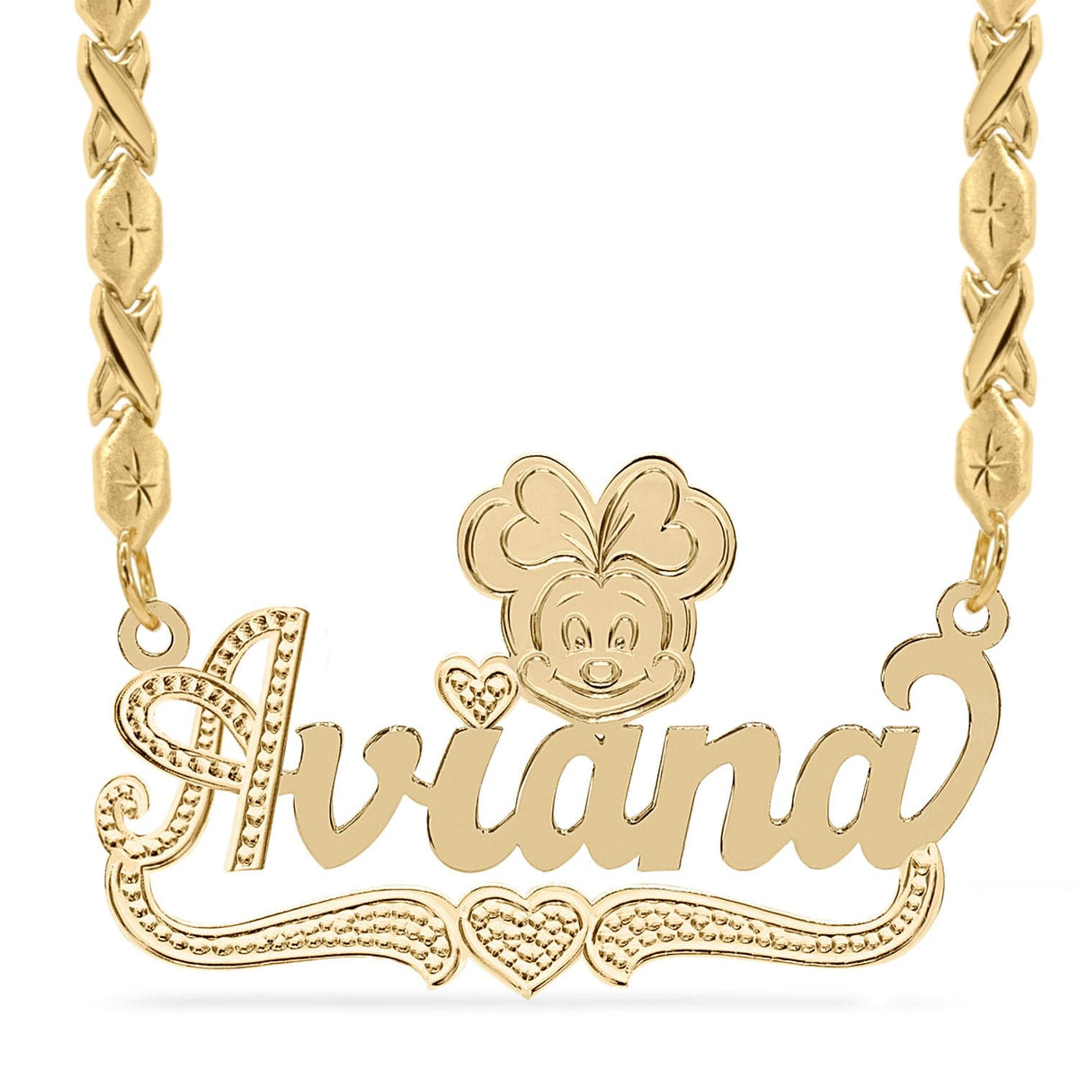 14k Gold over Sterling Silver / Xoxo Chain Cartoon Nameplate Necklace &quot;Aviana&quot;