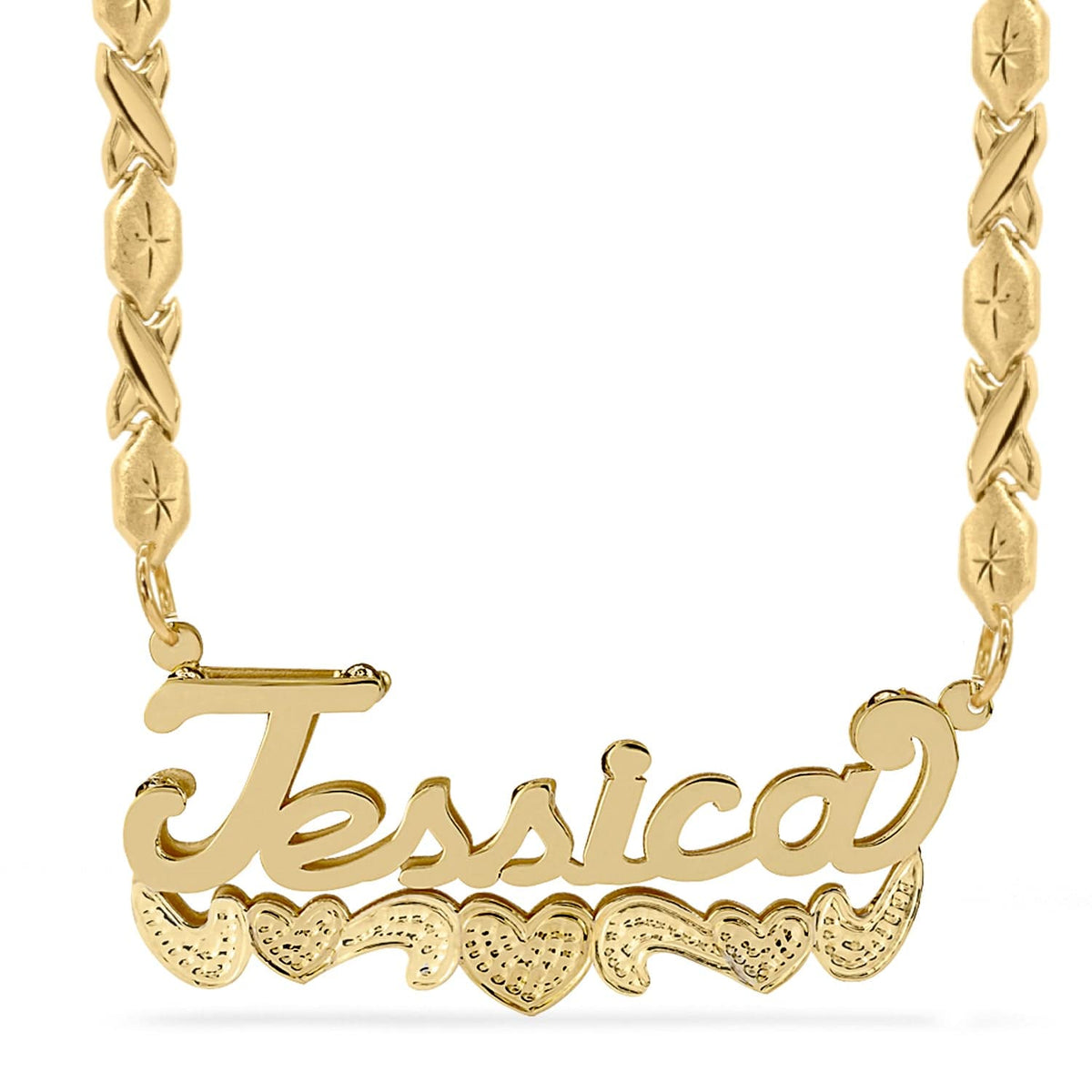 14k Gold over Sterling Silver / Xoxo Chain Double Name Necklace w/Beading-Rhodium with Xoxo chain