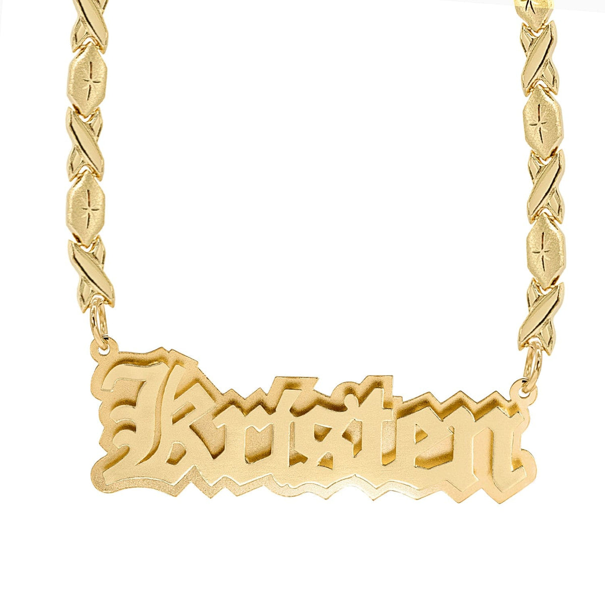 14k Gold over Sterling Silver / Xoxo Chain Double Plated Nameplate Necklace &quot;Kristen&quot; With Xoxo Chain