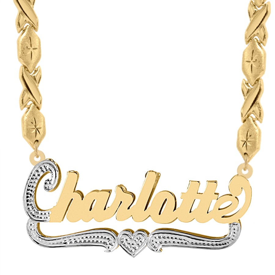 14k Gold over Sterling Silver / Xoxo Chain Double Script Name Plate With Beading &quot;Charlotte&quot;