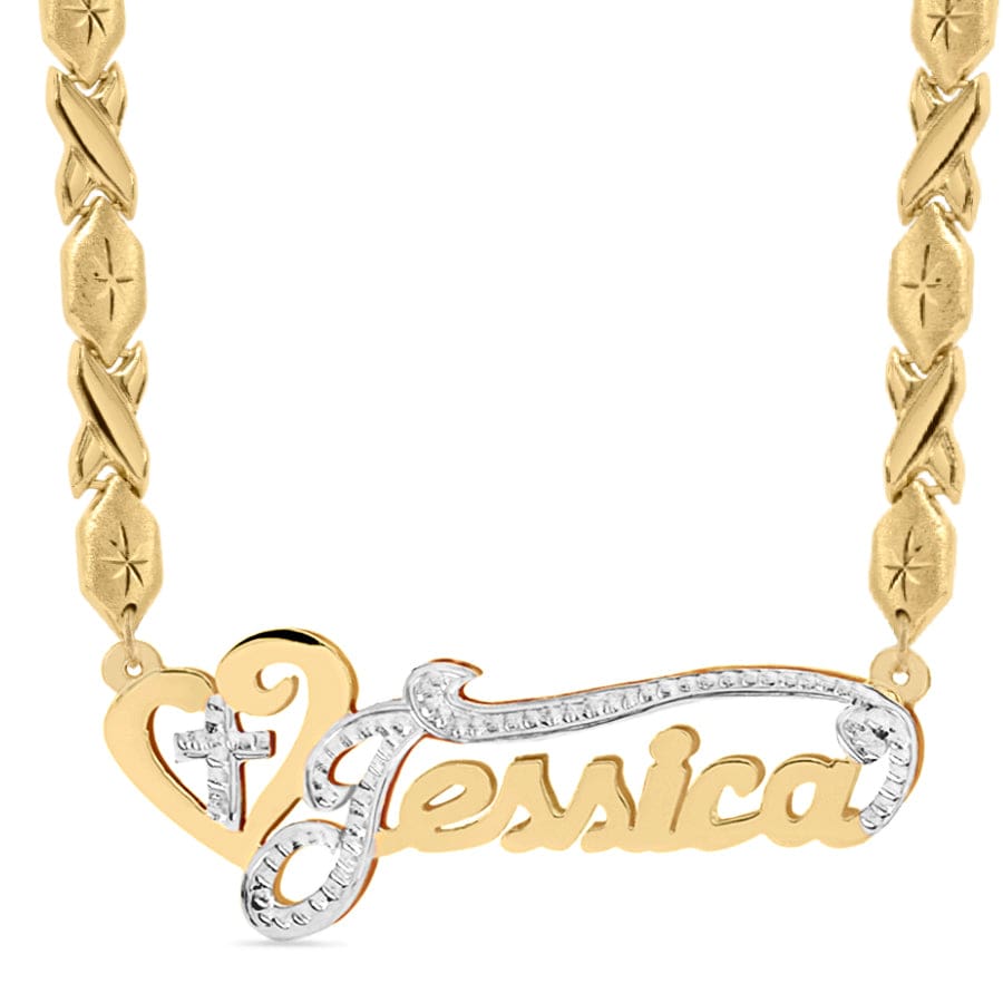 14k Gold over Sterling Silver / Xoxo Chain Solid Gold Double Plated Nameplate Necklace &quot;Jessica&quot;