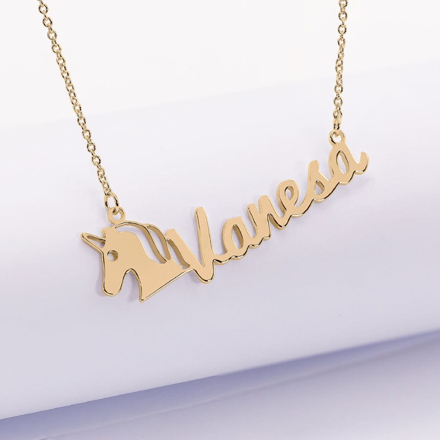 Gold Plated / 12" Silver Plated and Gold Plated Unicorn Script Name Necklace for Kids