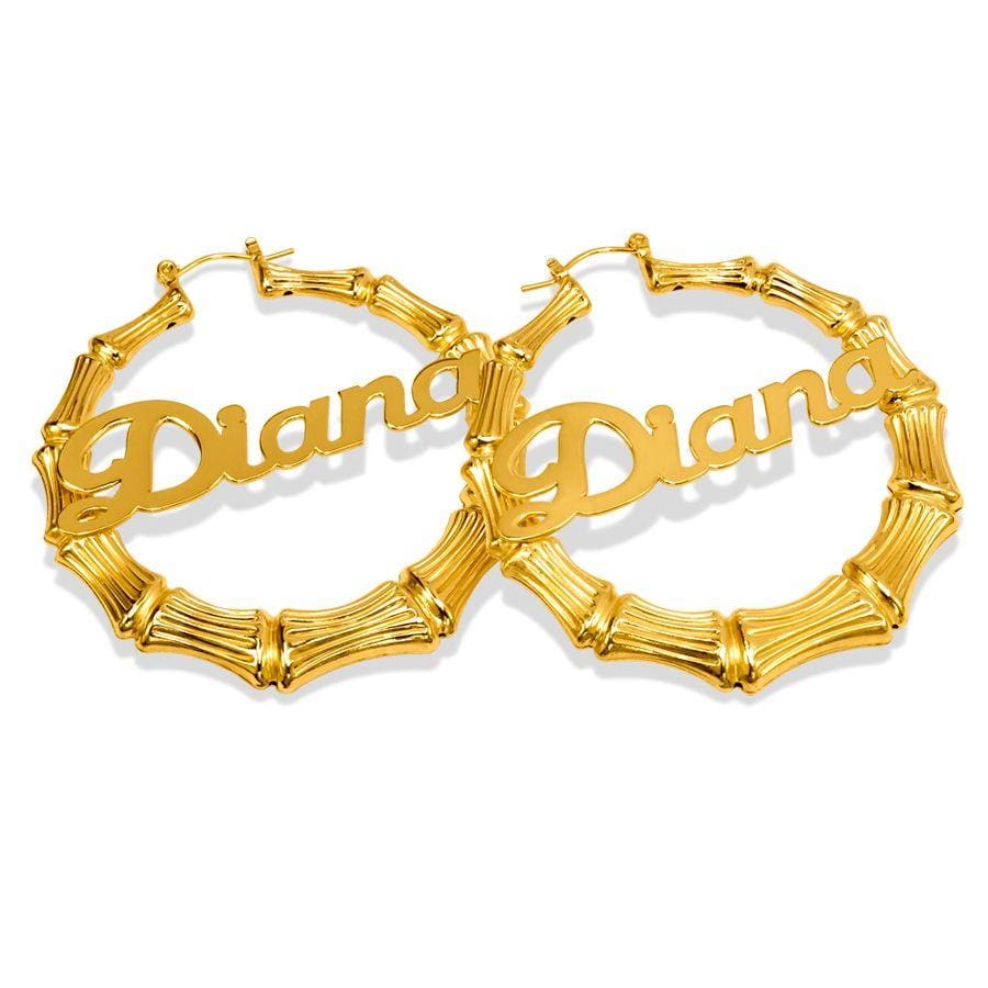 Gold Plated 2&quot; Hoops Bamboo Name Earrings