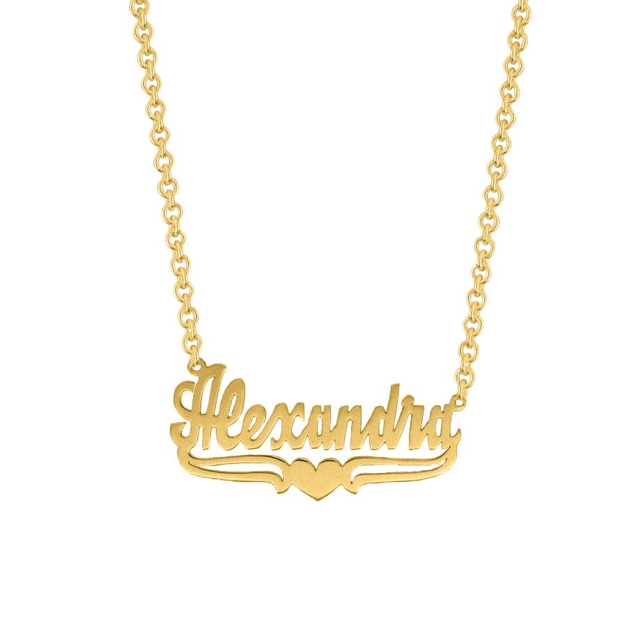 Gold Plated / Link Chain Name Necklace with Lower Tails &amp; Heart &quot;Alexandra&quot;