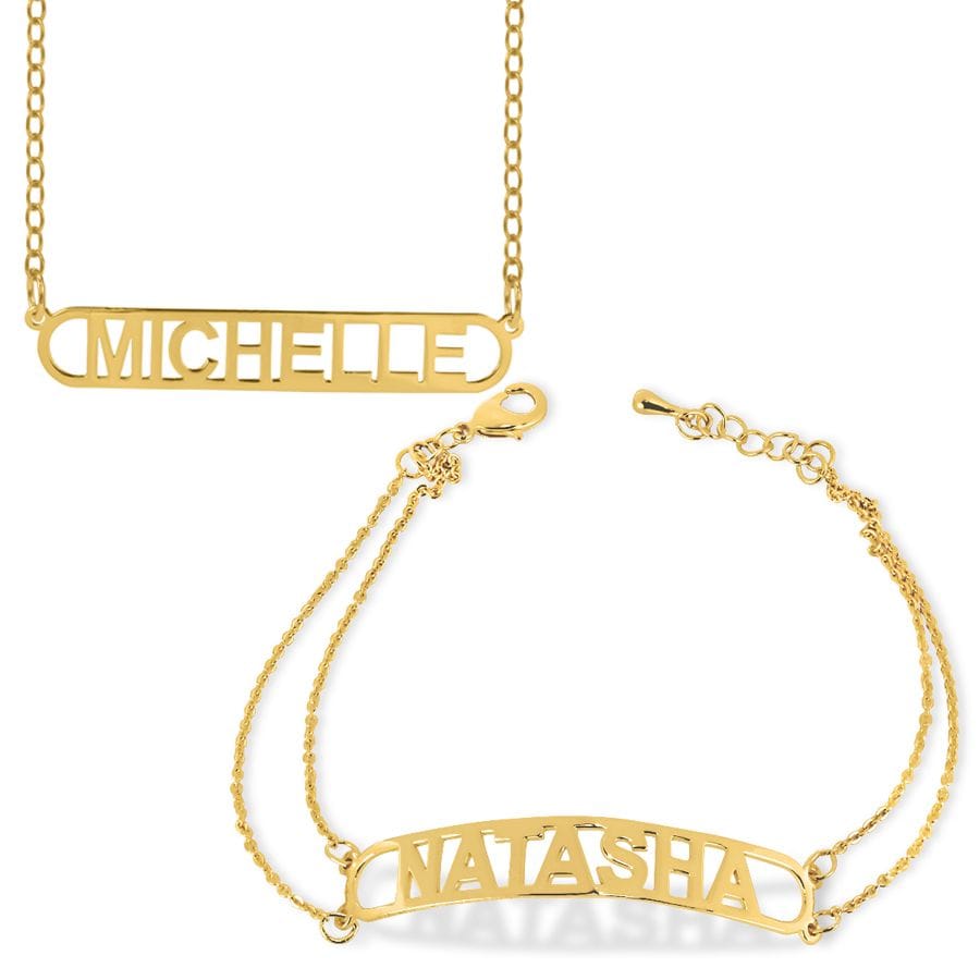 Gold Plated / Link Chain Set of Bar Necklace & Bracelet