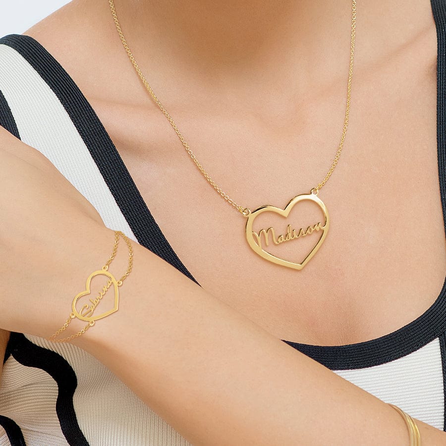 Gold Plated / Link Chain Heart Nameplate Necklace & Bracelet