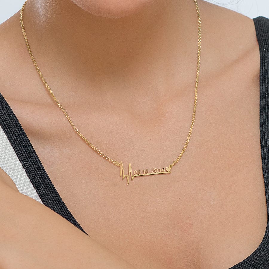 14K Gold over Sterling Silver / Link Chain Heartbeat Date Necklace