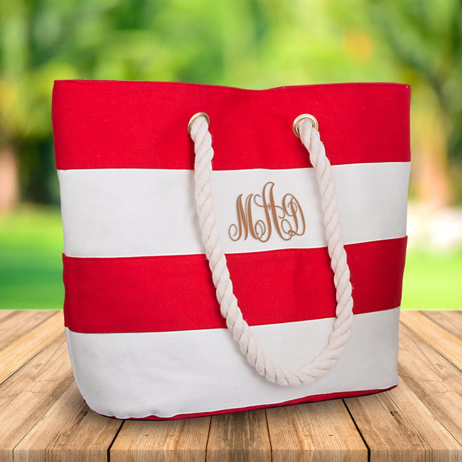 Red and Ivory Stripes / 3 Monogram Initials / No Canvas Water Resistant Beach Tote Bag