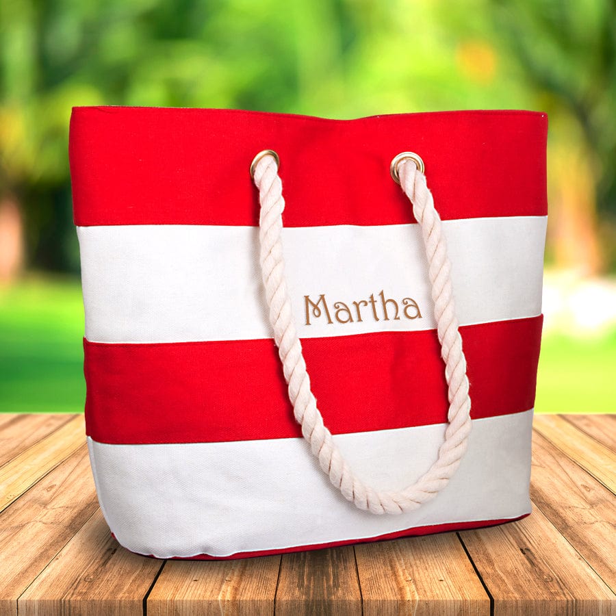 Red and Ivory Stripes / Name / No Canvas Water Resistant Beach Tote Bag