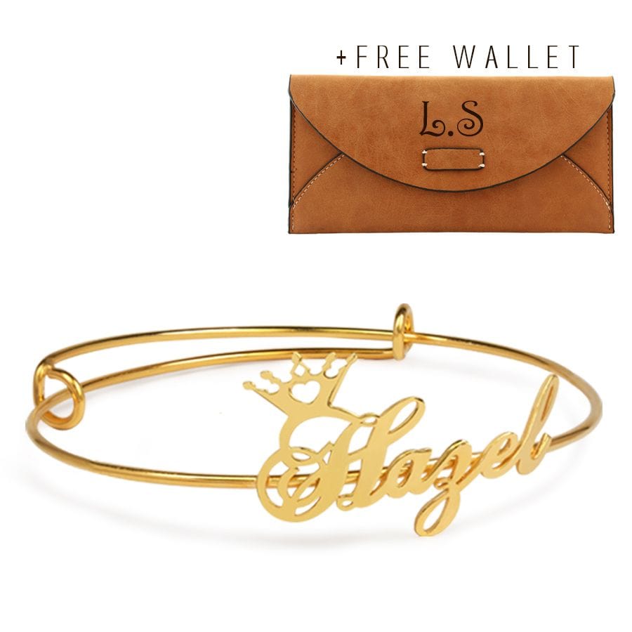 Silver Plated / Camel / Yes, Wallet with engraving Adjustable Name Crown Bangle with FREE Wallet