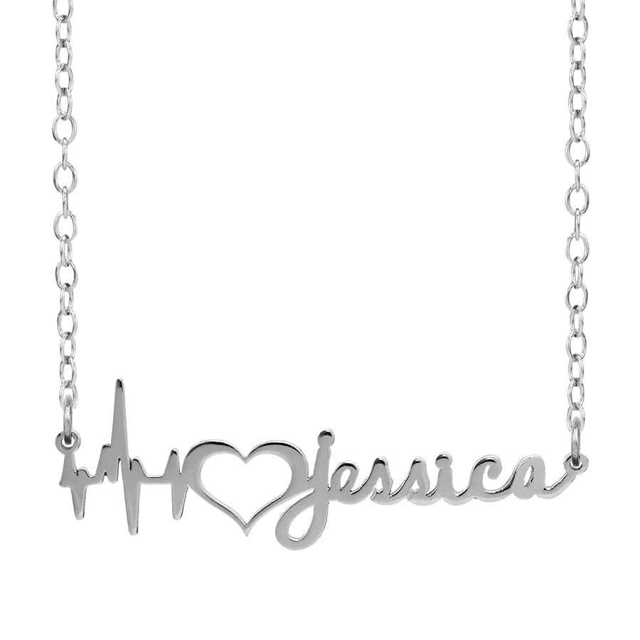 Silver Plated / Link Chain Heartbeat Name Necklace